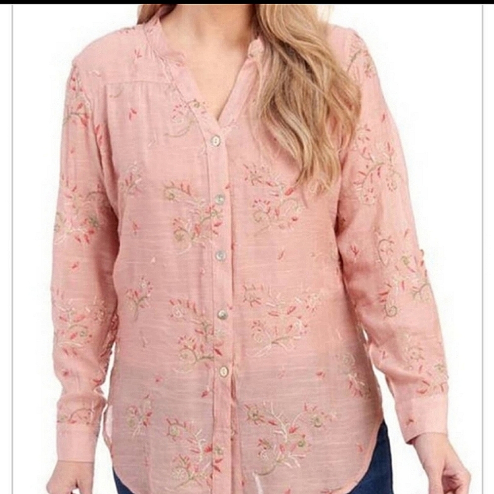 Anthropologie Fig and Flower Embroidered Tunic Blouse Roll Tab Button Front Pink - Picture 2 of 14